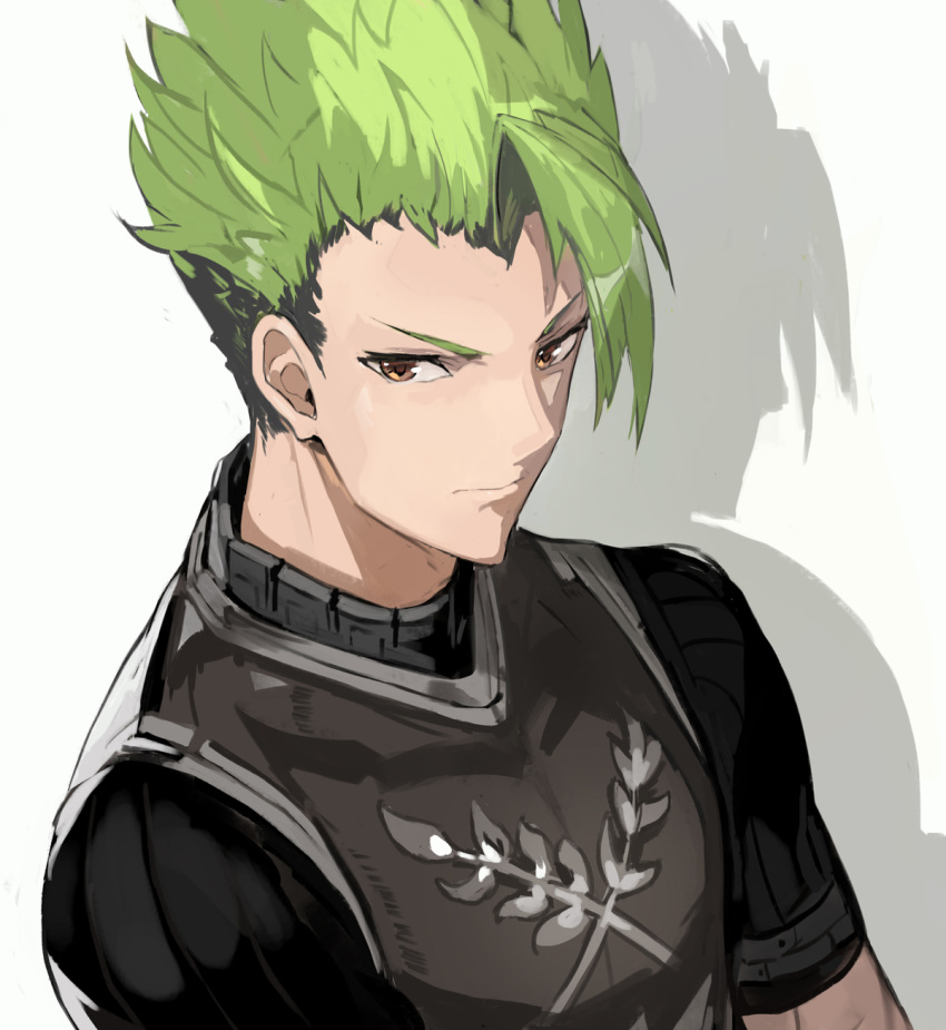 achilles_(fate) andrian_gilang armor fate/apocrypha fate_(series) green_hair highres male_focus shadow simple_background solo upper_body white_background yellow_eyes