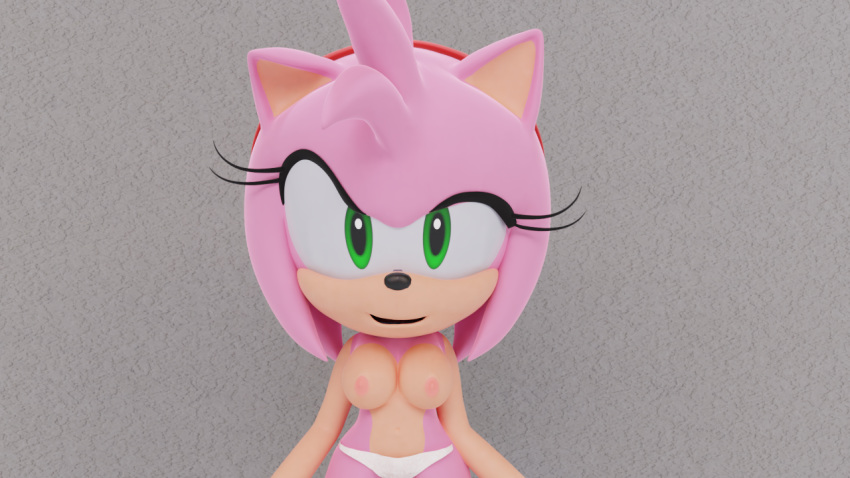 amy_rose anthro big_breasts biped breasts clothing eyelashes female gloves green_eyes hairband hedgehog looking_at_viewer mammal mostly_nude nipples open_mouth panties ps12 simple_background smile solo sonic_(series) underwear video_games