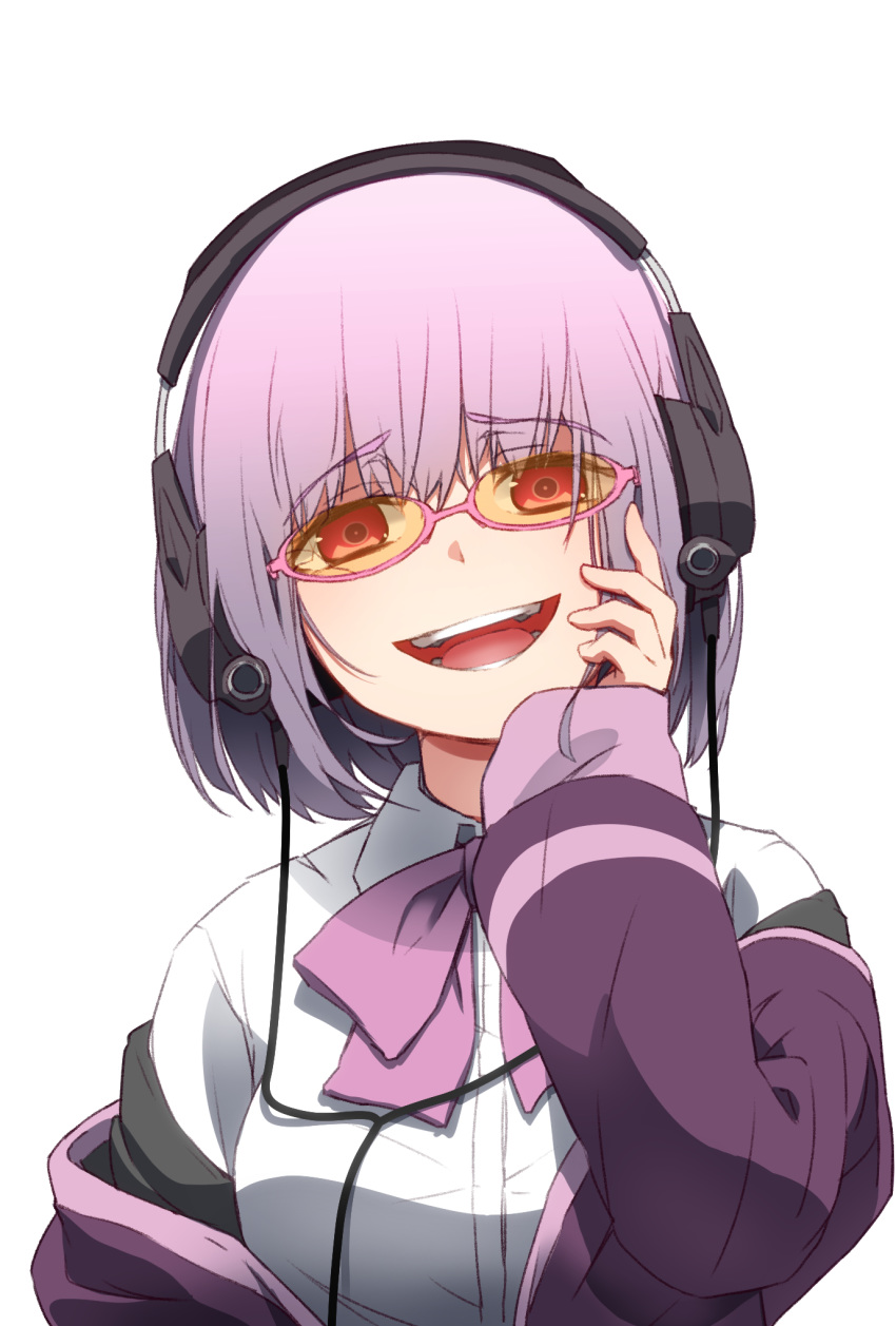 bow bowtie commentary_request eyebrows_visible_through_hair glasses headphones highres long_sleeves namaata open_mouth pink-framed_eyewear pink_hair pink_neckwear shinjou_akane shirt short_hair simple_background smile solo ssss.gridman teeth upper_body white_background white_shirt