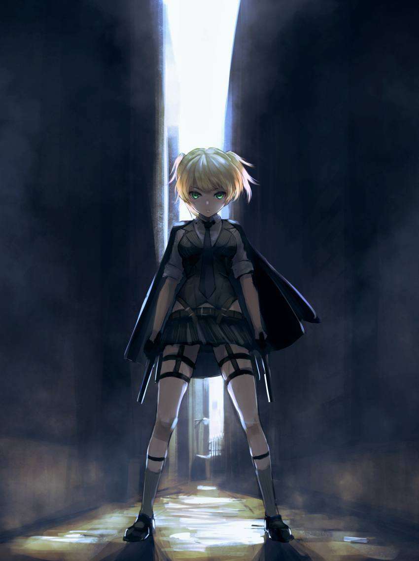 &gt;:) absurdres alley arms_at_sides backlighting bangs belt black_cape black_footwear black_neckwear black_skirt black_vest blonde_hair breasts cape closed_mouth collared_shirt commentary_request day dual_wielding full_body girls_frontline green_eyes grey_legwear gun hara_shoutarou highres holding holding_gun holding_weapon holster kneehighs legs_apart looking_at_viewer mary_janes miniskirt necktie outdoors pleated_skirt shirt shoes short_hair skirt sleeves_folded_up small_breasts smile solo standing thigh_holster thigh_strap two_side_up vest weapon welrod_mk2 welrod_mk2_(girls_frontline) white_shirt wing_collar