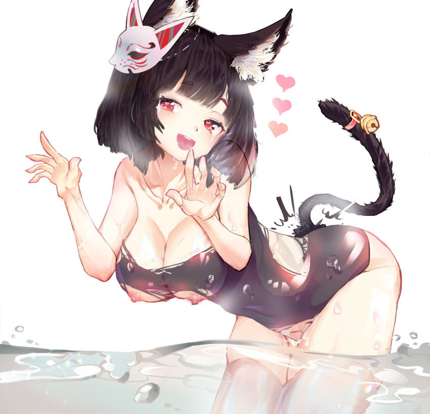 1girl animal_ears anparu areolae azur_lane bell black_hair breasts cleavage heart heart-shaped_pupils large_breasts leaning_forward looking_at_viewer nipples open_mouth red_eyes smile solo swimsuit symbol-shaped_pupils tail torn_clothes water yamashiro_(azur_lane)
