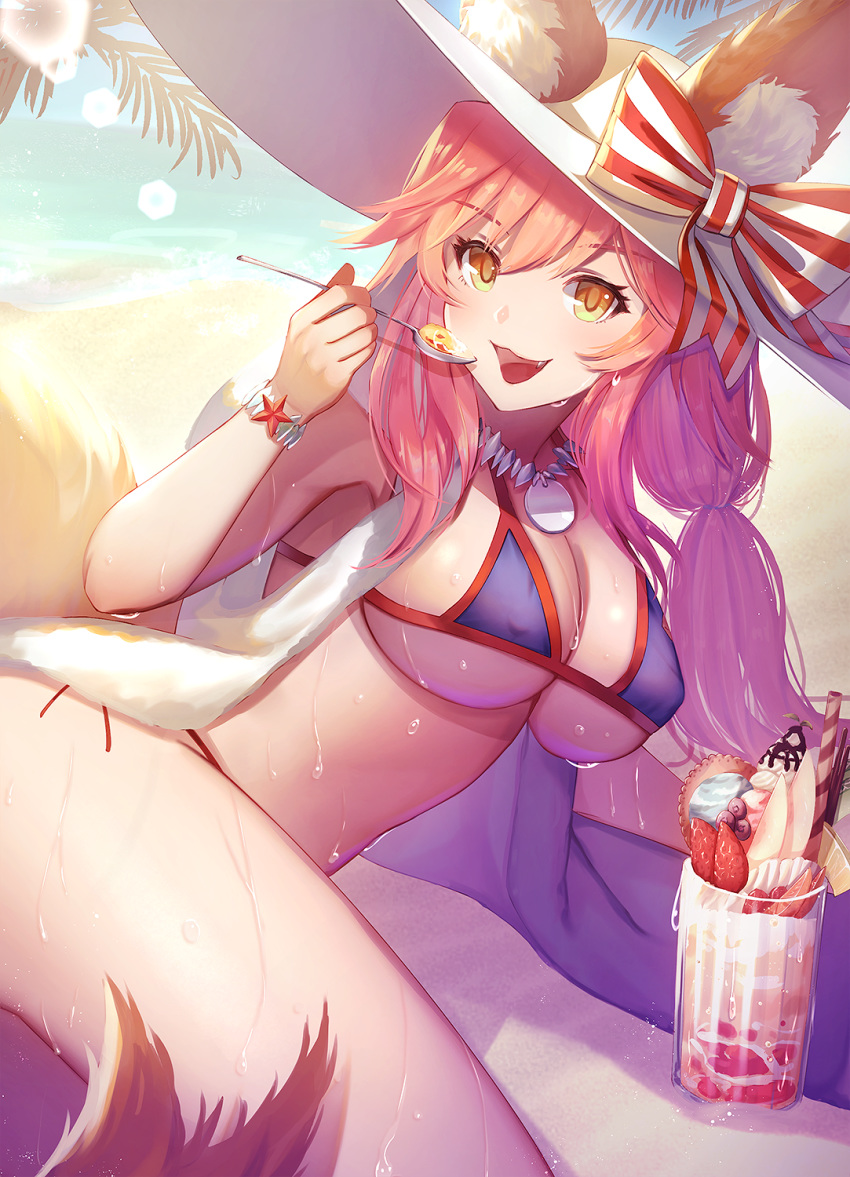 animal_ears bangs beach bikini blue_bikini bow bracelet breasts collarbone commentary cup dolce_(dolsuke) ears_through_headwear eating fang fate/extra fate/grand_order fate_(series) food fox_ears fox_tail hair_between_eyes hat hat_bow highres ice_cream ice_cream_float jewelry large_breasts long_hair looking_at_viewer mug open_clothes open_mouth open_shirt pink_hair shirt sidelocks smile solo spoon sun_hat swimsuit tail tamamo_(fate)_(all) tamamo_no_mae_(swimsuit_lancer)_(fate) thighs tied_hair wet white_shirt yellow_eyes