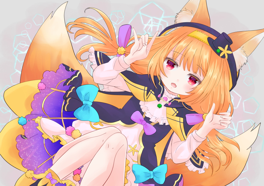 :d animal_ear_fluff animal_ears blonde_hair bow capelet commentary_request dress fangs flower_knight_girl fox_ears fox_girl fox_shadow_puppet fox_tail frilled_dress frills hairband hat highres hood hood_up jacket kitsune_no_botan_(flower_knight_girl) long_hair long_sleeves mini_hat mini_top_hat multiple_tails open_mouth red_eyes short_dress smile tail top_hat two_tails user_pagz2757