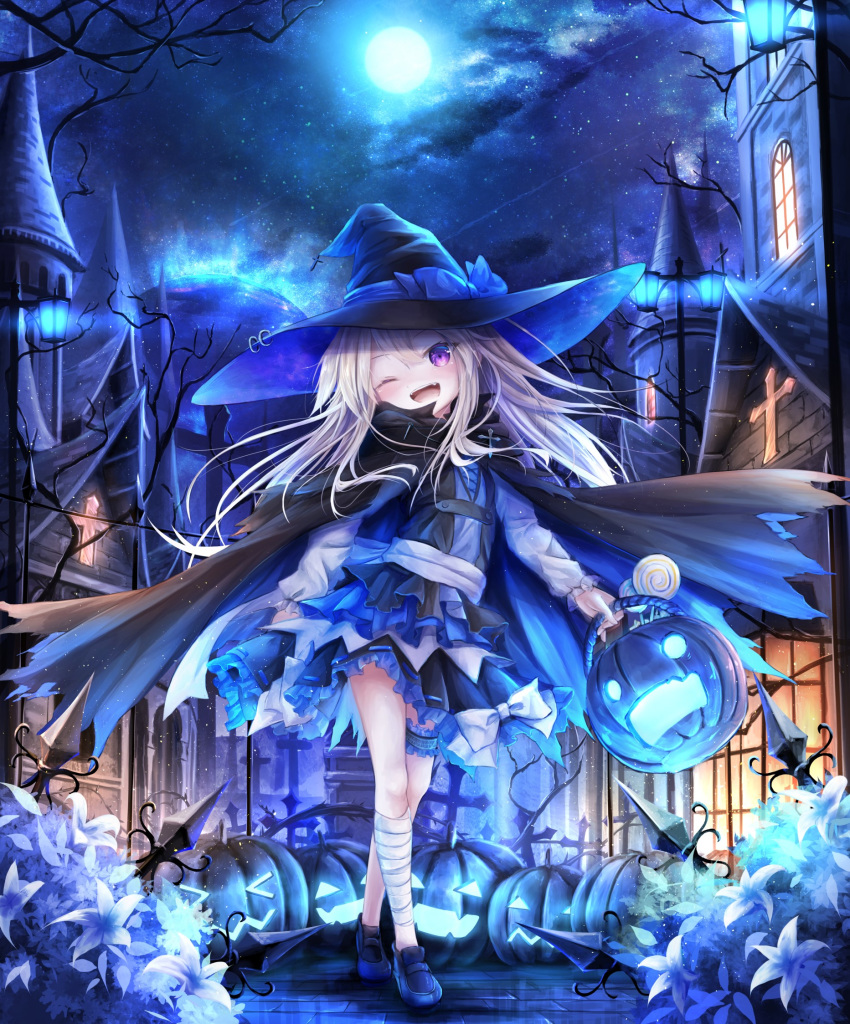 &gt;_&lt; ;d bandaged_leg bandages bangs black_cape black_hat black_skirt black_vest blue_bow blue_cape blue_footwear blush bow building candy cape commentary_request crossed_legs eyebrows_visible_through_hair fangs flower food frilled_skirt frills full_moon grey_hair hair_between_eyes halloween halloween_basket hat hat_bow head_tilt highres holding jack-o'-lantern lamppost loafers lollipop long_hair long_sleeves looking_at_viewer moon multicolored multicolored_cape multicolored_clothes night night_sky no_socks one_eye_closed open_mouth original outdoors purple_eyes ribbon-trimmed_skirt ribbon_trim shirt shoes skirt sky smile solo standing star_(sky) starry_sky swirl_lollipop tower utatanecocoa very_long_hair vest watson_cross white_flower white_shirt window witch_hat