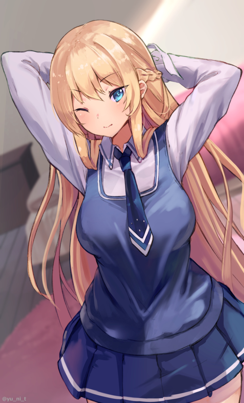 ;) arms_behind_head arms_up azur_lane bed blonde_hair blue_eyes blue_neckwear blue_skirt blue_vest blurry blurry_background blush braid breasts carpet closed_mouth collared_shirt commentary_request cowboy_shot depth_of_field dutch_angle eyebrows_visible_through_hair french_braid glorious_(azur_lane) hairdressing highres indoors large_breasts long_hair long_sleeves miniskirt necktie one_eye_closed pleated_skirt shirt skirt smile solo straight_hair twitter_username v-shaped_eyebrows very_long_hair vest white_legwear wing_collar yu_ni_t