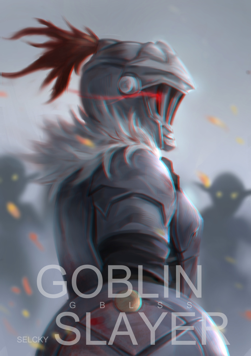 absurdres armor commentary full_armor fur_collar fur_trim glowing glowing_eye goblin goblin_slayer goblin_slayer! helmet highres knight plume red_eyes selcky shield upper_body