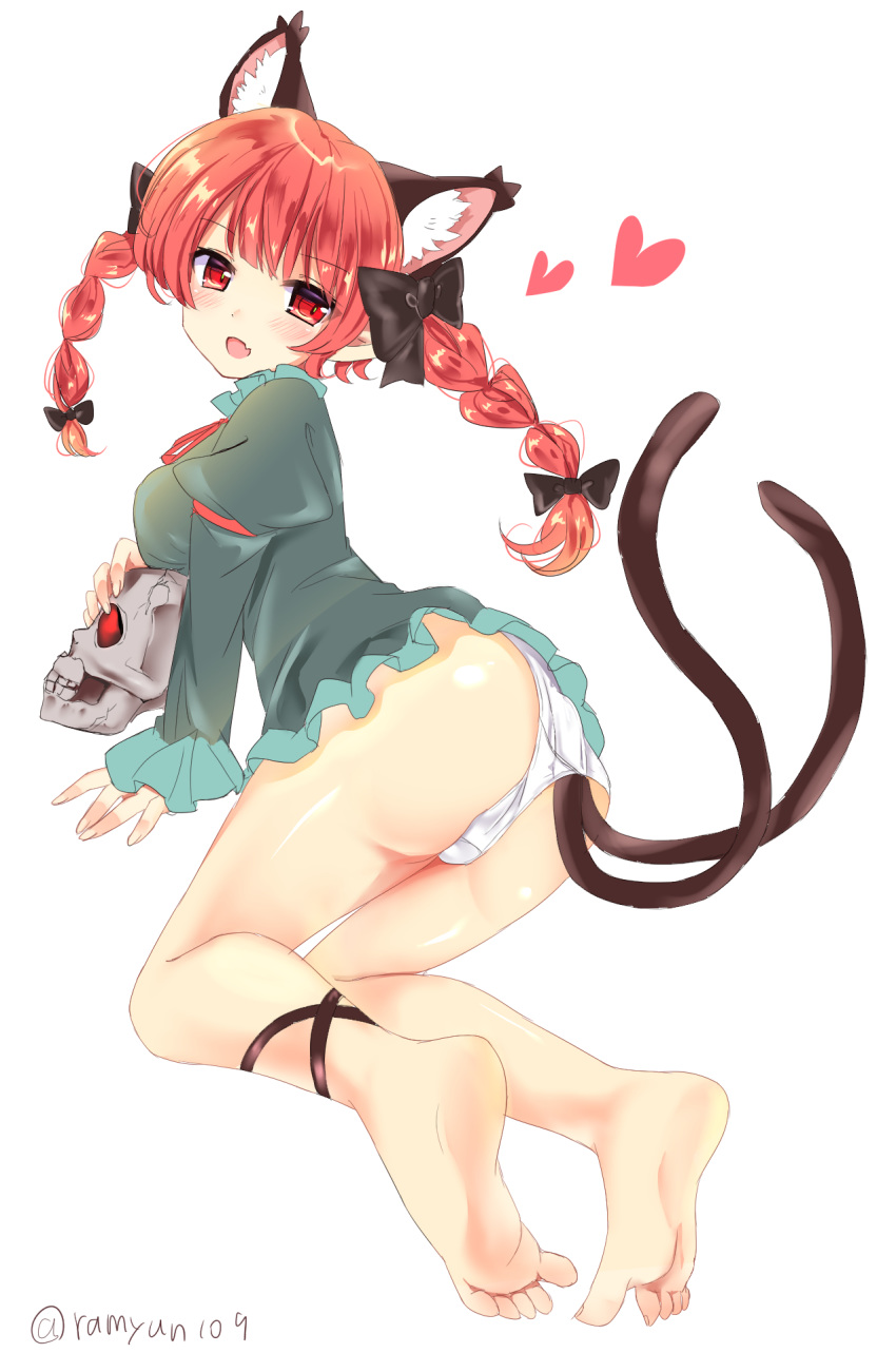 animal_ear_fluff animal_ears ankle_ribbon artist_name ass bangs bare_legs barefoot black_bow black_ribbon blush bow braid cat_ears cat_tail commentary_request dress fang feet frills green_dress hair_bow heart highres holding holding_skull juliet_sleeves kaenbyou_rin long_hair long_sleeves looking_at_viewer multiple_tails neck_ribbon nekomata open_mouth panties pointy_ears puffy_sleeves ramudia_(lamyun) red_neckwear red_ribbon ribbon shiny shiny_skin short_dress simple_background skull soles solo tail thighs toes touhou twin_braids twintails twitter_username two_tails underwear white_background white_panties