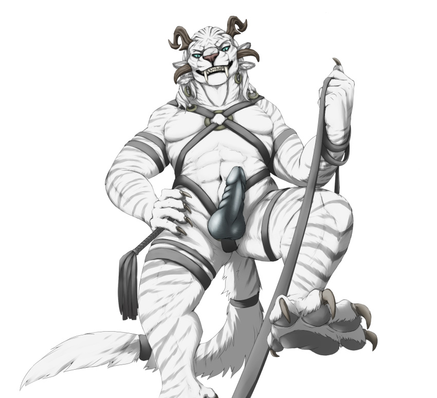 2015 5_fingers abs anthro bdsm blue_eyes charr claws dagos digital_media_(artwork) dildo dominatrix fangs feline first_person_view flogger front_view fur grey_pawpads grey_stripes guild_wars hand_on_hip harness hi_res hindpaw horn leash looking_at_viewer low-angle_view maara male mammal multi_ear muscular muscular_male navel nude pawpads paws pose sex_toy simple_background solo strapon striped_fur stripes submissive submissive_pov teeth toe_claws video_games white_background white_fur