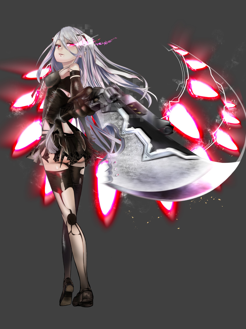 alternate_costume animal_ears ass black_footwear black_gloves black_legwear breasts bunny_ears commentary_request cosplay elbow_gloves foreshortening gloves glowing grey_background grey_hair gun highres holding holding_gun holding_weapon kannon-mitsuki long_hair looking_at_viewer looking_back medium_breasts nier_(series) nier_automata pixelated reisen_udongein_inaba solo standing touhou very_long_hair weapon yorha_type_a_no._2 yorha_type_a_no._2_(cosplay)