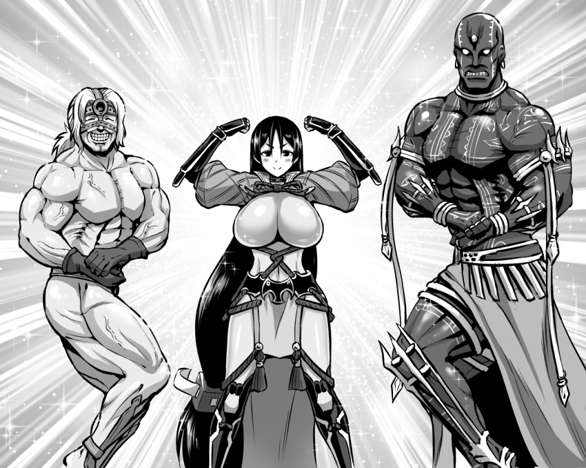 2boys abs armlet armor bald belt biceps blush bodysuit breasts chest cho_aniki darius_iii_(fate/grand_order) dark_skin earrings fate/grand_order fate_(series) flexing gloves greyscale grin huge_breasts japanese_armor jewelry kanno_takanori kote long_hair low-tied_long_hair mask minamoto_no_raikou_(fate/grand_order) monochrome multiple_boys muscle no_nipples no_pupils pectorals ponytail pose shirtless smile sparkle spartacus_(fate) standing tattoo teeth trait_connection veins very_long_hair
