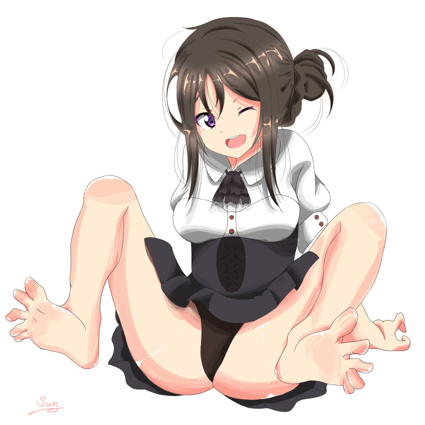 1girl ashigara_(kantai_collection) barefoot feet long_hair looking_at_viewer one_eye_closed open_mouth panties ponytail purple_eyes soles toes underwear wink