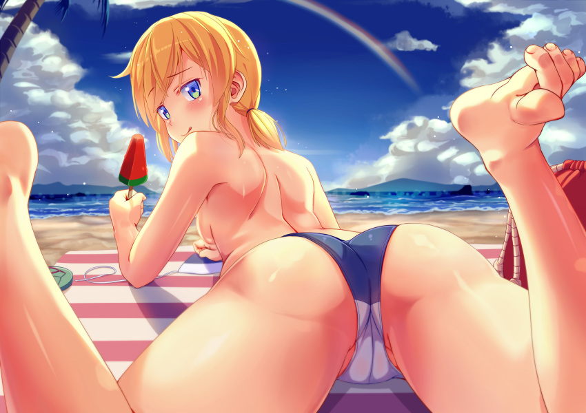 :q ass bangs barefoot beach bikini_bottom blonde_hair blue_eyes blue_sky breasts cloud day eyebrows_visible_through_hair food from_behind highres holding holding_food looking_at_viewer looking_back lying ocean on_stomach original outdoors parted_bangs popsicle rainbow shiny shiny_skin short_hair short_twintails sideboob sky small_breasts solo toe_scrunch tongue tongue_out topless twintails watermelon_bar zongmao