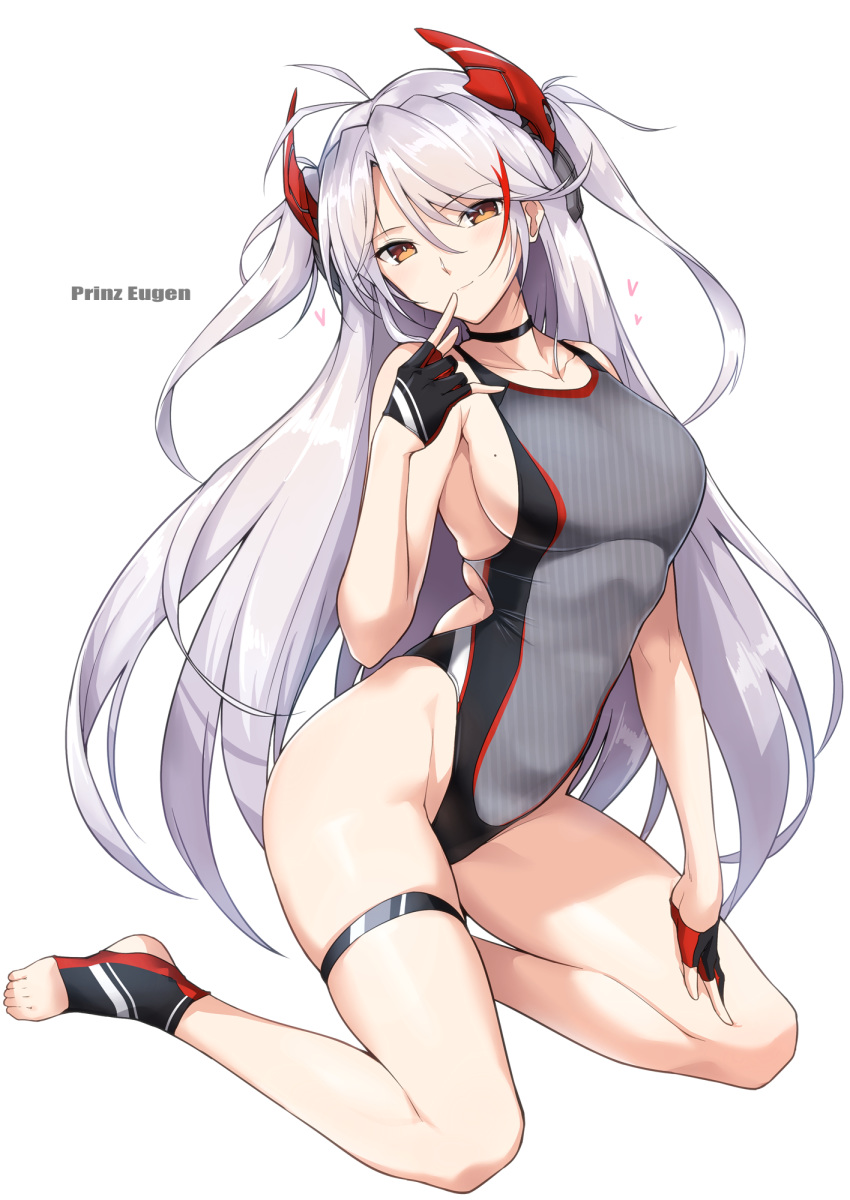 antenna_hair azur_lane bangs black_choker black_gloves blush breasts character_name choker closed_mouth collarbone commentary_request feet finger_to_mouth fingerless_gloves gloves grey_swimsuit hair_between_eyes harukon_(halcon) headgear heart highleg highleg_swimsuit highres hips kneeling large_breasts legs long_hair looking_at_viewer mole mole_on_breast multicolored_hair one-piece_swimsuit prinz_eugen_(azur_lane) sideboob silver_hair simple_background smile solo streaked_hair swept_bangs swimsuit thigh_strap thighs toeless_legwear toes two_side_up white_background