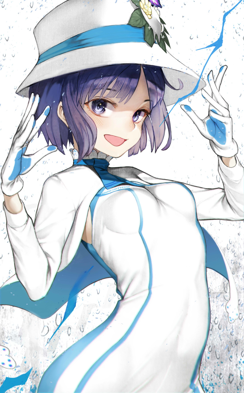 :d absurdres bangs blue_neckwear blush breasts capelet clothes_writing commentary dress eyebrows_visible_through_hair flower gloves hands_up hat hat_flower hat_ribbon highres long_sleeves looking_at_viewer nyatabe open_mouth purple_eyes purple_hair ribbon short_hair small_breasts smile solo suntory suntory_nomu upper_body virtual_youtuber white_dress white_gloves white_hat