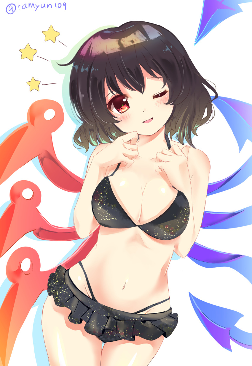 ;d artist_name asymmetrical_wings bangs bare_arms bare_shoulders bikini black_bikini black_hair blue_wings blush breasts collarbone commentary_request cowboy_shot eyebrows_visible_through_hair hair_between_eyes halterneck hands_up head_tilt highleg highleg_bikini highres houjuu_nue looking_at_viewer medium_breasts navel one_eye_closed open_mouth ramudia_(lamyun) red_eyes red_wings shiny shiny_skin short_hair silhouette simple_background smile solo star stomach swimsuit thighs touhou twitter_username white_background wings