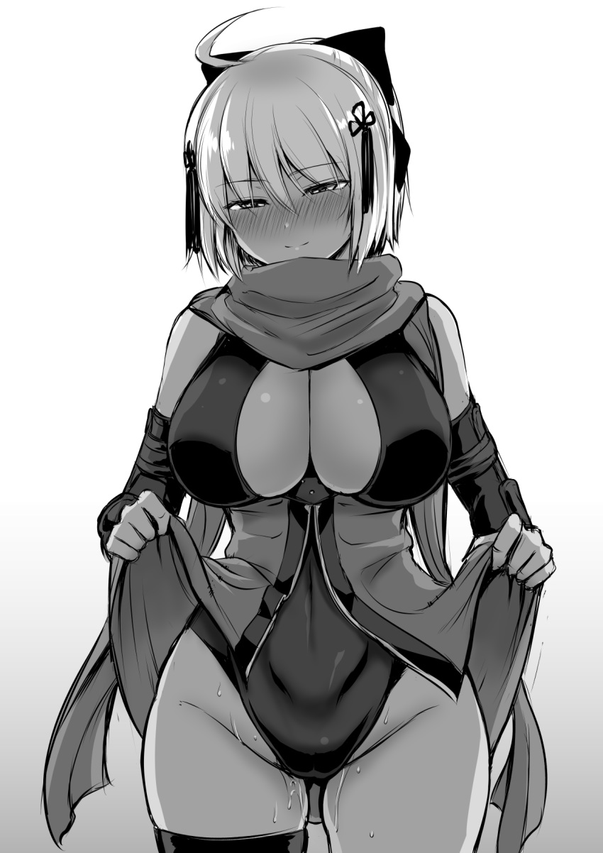 arm_guards black_bow blush bow breasts cleavage covered_navel cowboy_shot dark_skin fate/grand_order fate_(series) gradient gradient_background greyscale highres kanno_takanori koha-ace large_breasts leotard looking_at_viewer monochrome nose_blush okita_souji_(alter)_(fate) okita_souji_(fate)_(all) pussy_juice scarf solo tassel thigh_strap tied_hair white_hair