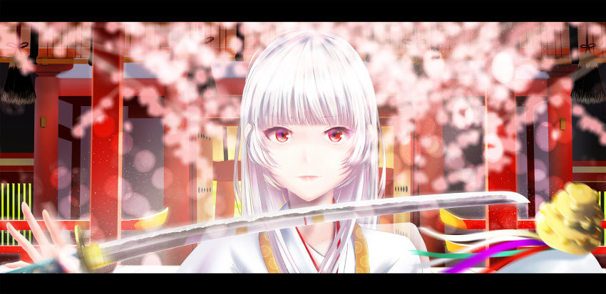 architecture bangs bell blunt_bangs blurry cherry_blossoms commentary_request depth_of_field east_asian_architecture eyebrows_visible_through_hair hankachi_(okayama012) highres holding holding_weapon japanese_clothes jingle_bell kagura_suzu katana kimono letterboxed long_hair looking_at_viewer miko original parted_lips red_eyes reflection shrine sidelocks solo sword tassel upper_body weapon white_hair white_kimono