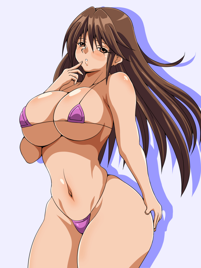 00s 1girl bikini blue_background blush breasts brown_eyes brown_hair cleavage finger_to_mouth gluteal_fold huge_breasts ichigo_100_percent inabakun00 kitaooji_satsuki long_hair looking_at_viewer matching_hair/eyes micro_bikini navel parted_lips purple_bikini silhouette simple_background smile solo standing swimsuit wide_hips