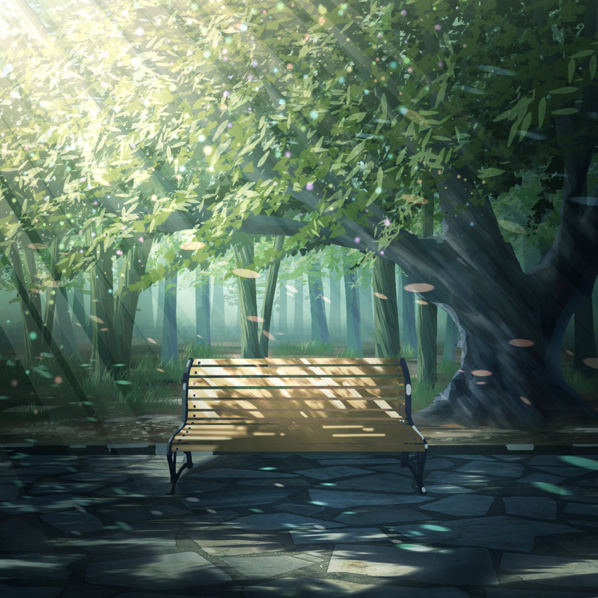 commentary_request dappled_sunlight day forest grass highres leaf light_particles light_rays nature no_humans original outdoors park park_bench pavement scenery someya_mai sunbeam sunlight tree tree_shade