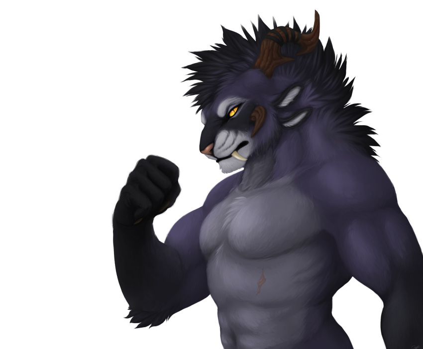 2016 amber_eyes anthro biceps bust_portrait charr clothed clothing dagos fangs feline flexing fur guild_wars hi_res horn male mammal multi_ear muscular muscular_male navel nude pecs pink_nose portrait scar simple_background solo syrax teeth topless video_games white_background
