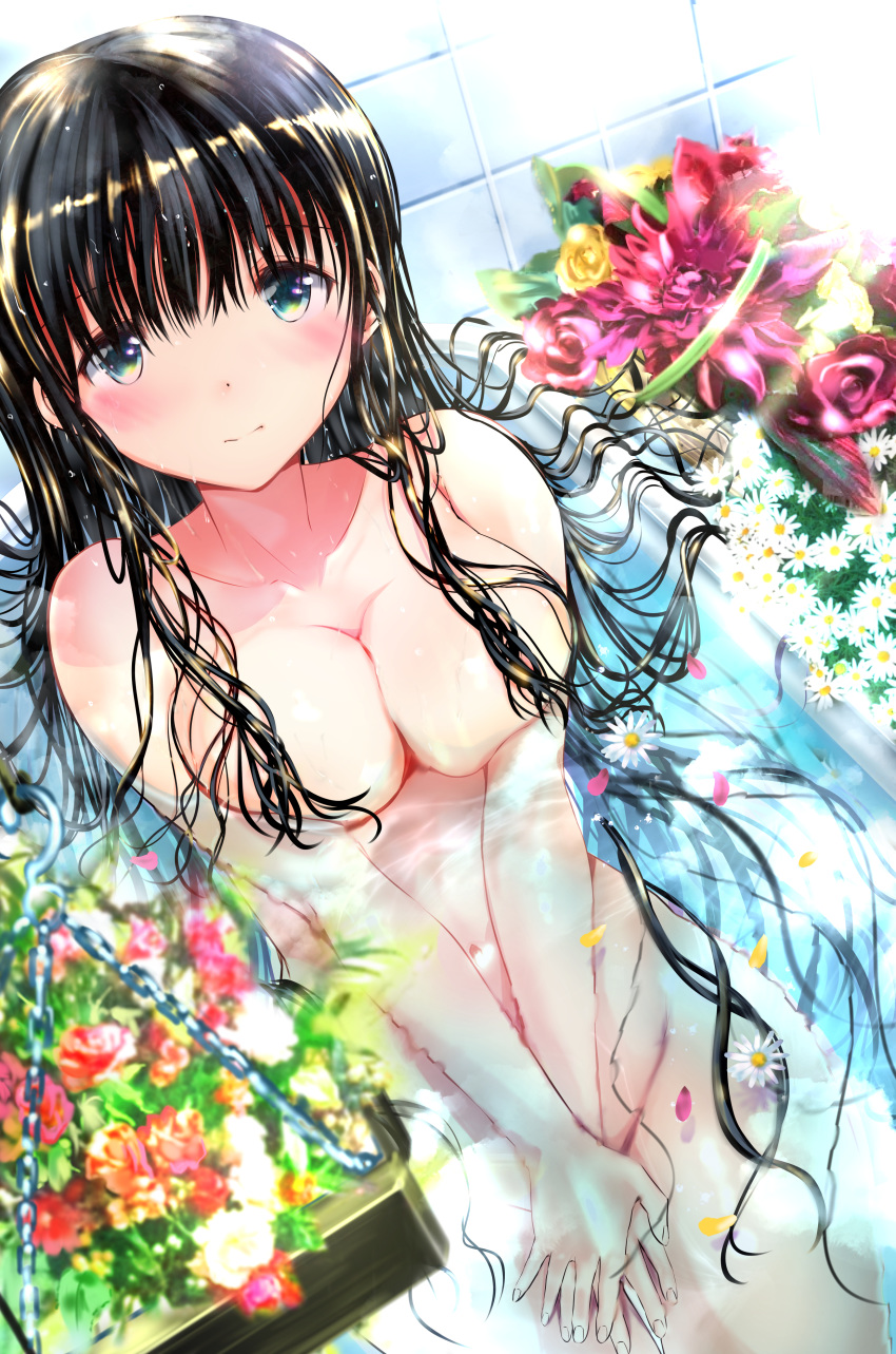 absurdres bath bathing bathroom bathtub black_hair blush breasts chain cleavage commentary_request daisy fingernails flower flower_on_liquid hair_censor hair_over_breasts highres large_breasts long_hair looking_at_viewer multicolored multicolored_eyes navel nude ogata_tei original petals petals_on_liquid rose solo tiles wet