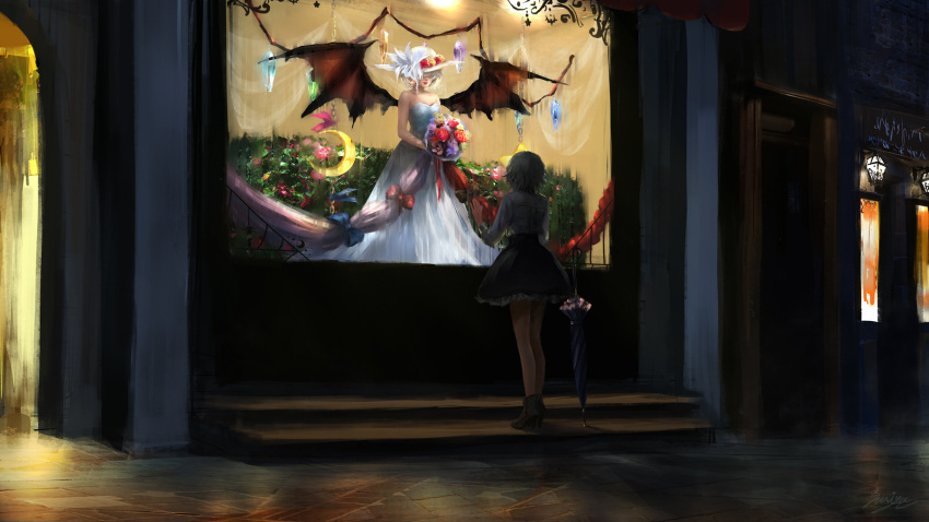 against_glass bangs bare_shoulders bat_wings blue_bow blue_ribbon bouquet bow breasts brown_bow chain commentary_request crescent crystal dark dress flower frilled_skirt frills from_behind grey_hair hand_on_glass hat hat_ornament high_heels highres holding holding_bouquet izayoi_sakuya lantern lips long_sleeves looking_at_another miniskirt multiple_girls night outdoors pink_ribbon red_bow red_ribbon remilia_scarlet ribbon road see-through shirt shop short_hair skirt small_breasts standing strapless street touhou umbrella white_dress white_hat white_shirt window wings yuriya_(riyuclock_19)