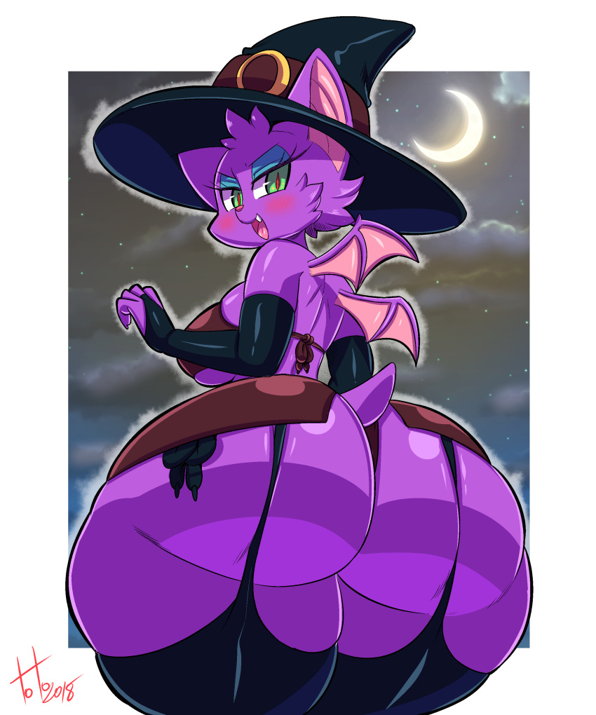 anthro bat big_butt blush butt clothed clothing eyeshadow fabianoferreira female fur hat huge_butt lacy_(blazethefox) looking_at_viewer looking_back makeup mammal purple_fur rear_view solo wings witch_hat