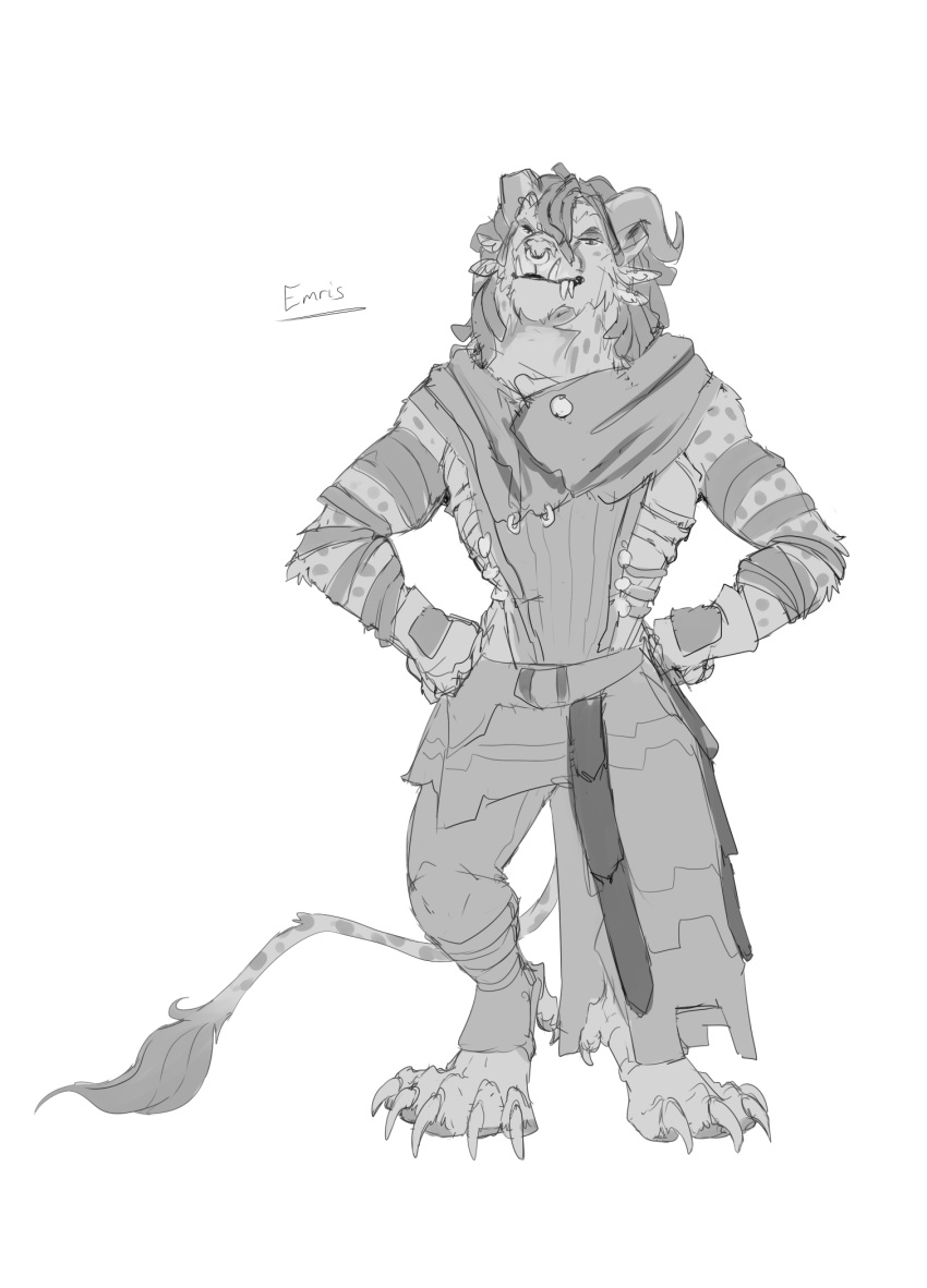 2016 4_ears anthro armor charr claws clothed clothing dagos digital_media_(artwork) digitigrade dreadlocks facial_piercing fangs feline front_view fur guild_wars hair hi_res horn looking_at_viewer male mammal monochrome multi_ear nose_piercing piercing septum_piercing simple_background solo spots spotted_fur standing tail_tuft toe_claws tuft video_games white_background