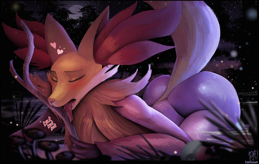 &lt;3 2018 anthro butt catcouch delphox detailed_background digital_media_(artwork) eyes_closed female licking moon night nintendo open_mouth pok&eacute;mon pok&eacute;mon_(species) saliva sky solo star starry_sky stick teeth text tongue tongue_out video_games
