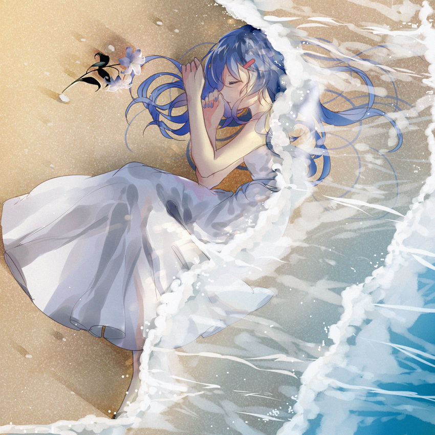 bare_arms bare_shoulders barefoot beach blue_hair blue_nails closed_eyes closed_mouth commentary_request dress flower from_above full_body hair_ornament long_hair lying nail_polish ocean on_side profile sand see-through sleeping sleeveless sleeveless_dress solo tadatsu vocaloid water white_dress white_flower xin_hua