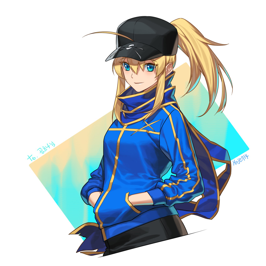 absurdres ahoge artist_name artoria_pendragon_(all) black_hat blonde_hair blue_eyes blue_scarf blue_sweater fate/grand_order fate_(series) hair_between_eyes haje hands_in_pocket hat high_ponytail highres long_hair mysterious_heroine_x scarf sidelocks smile solo sweater upper_body