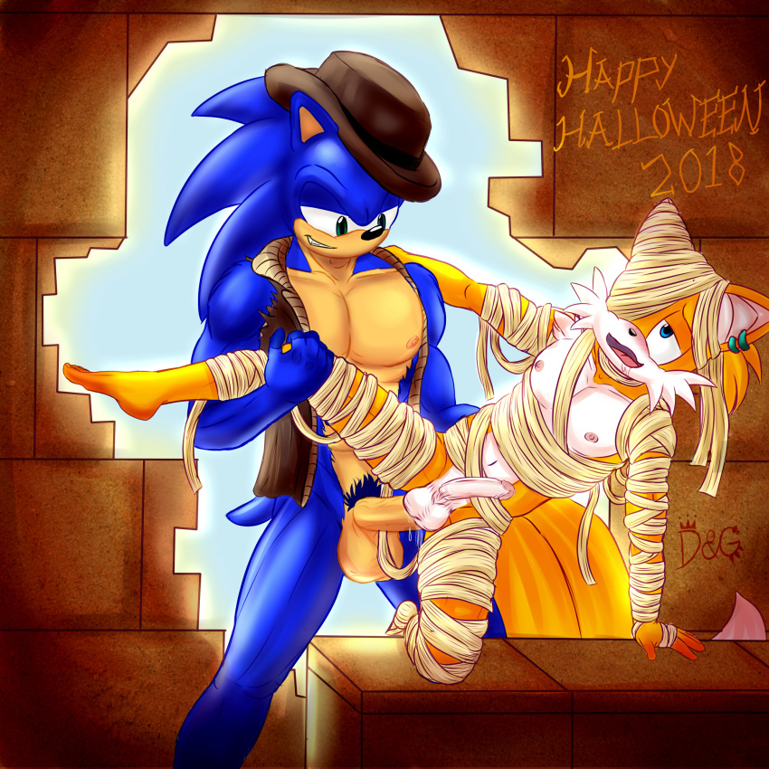 2018 2_tails anal anal_penetration anthro anthro_on_anthro athletic balls biceps big_muscles blue_eyes blue_fur canine dgemporium duo fox fur green_eyes half-closed_eyes halloween hedgehog holidays looking_pleasured male male/male mammal miles_prower multi_tail multicolored_tail mummy muscular muscular_male nipples orange_fur pecs penetration penis pubes sex sonic_(series) sonic_the_hedgehog uncut undead video_games white_fur