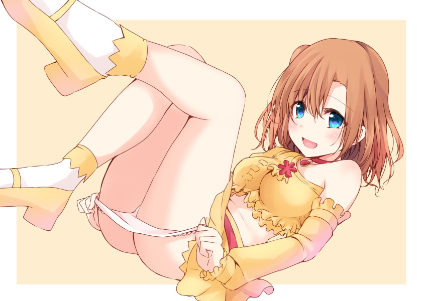 :d absurdres ass bare_legs blue_eyes breasts choker commentary_request fujisaki_kyouya highres jewelry kousaka_honoka large_breasts legs_up love_live! love_live!_school_idol_project lyrics music_s.t.a.r.t!! navel one_side_up open_mouth orange_hair panties panty_pull pulled_by_self shoes smile socks solo underwear white_panties