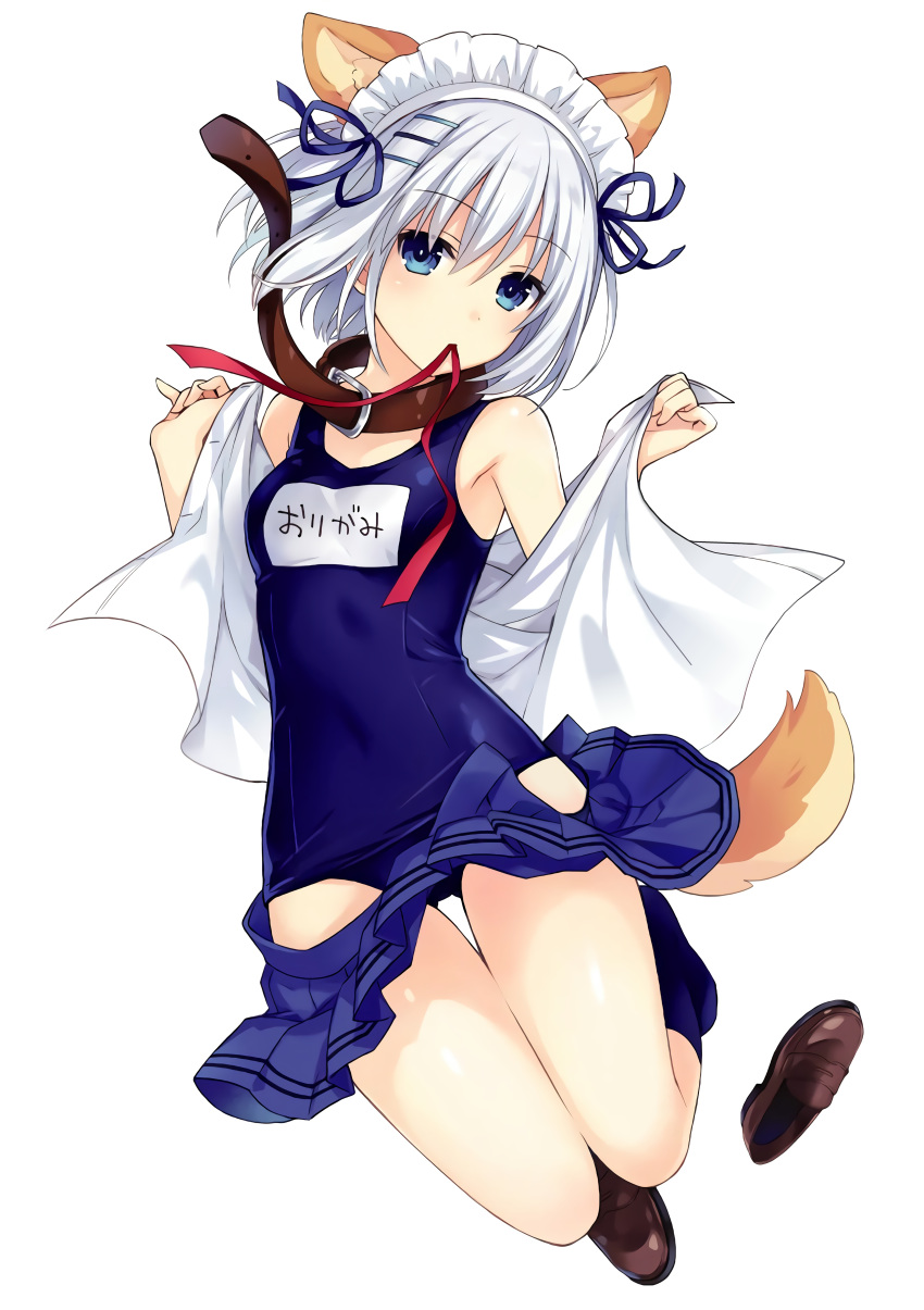 absurdres animal_ears blue_eyes date_a_live dog_ears dog_tail highres mouth_hold official_art one-piece_swimsuit open_clothes open_shirt ribbon ribbon_in_mouth school_swimsuit school_uniform short_hair silver_hair swimsuit tail tobiichi_origami tsunako
