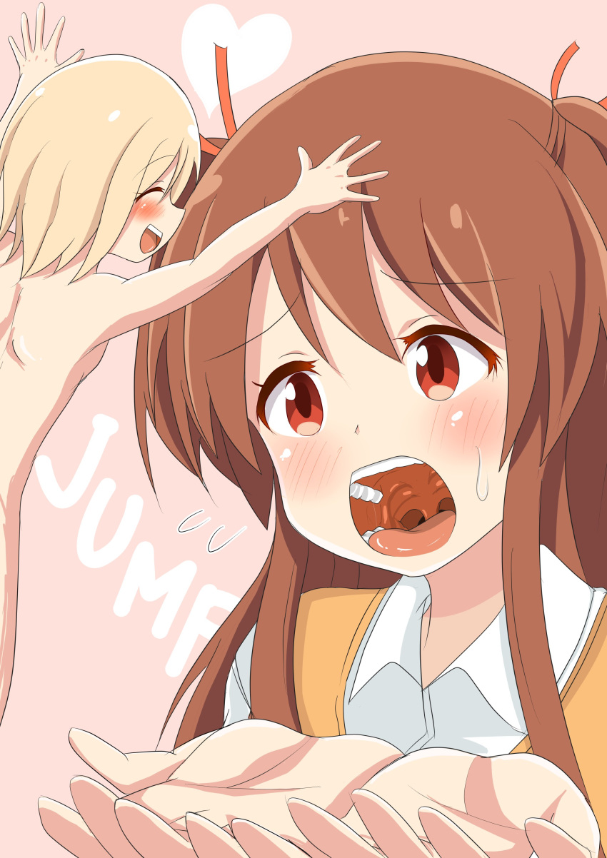2girls absurdres blonde_hair blush borrowed_character brown_hair cupping_hands eyes_closed female giantess highres multiple_girls nude open_mouth original p_tags teeth tongue uvula