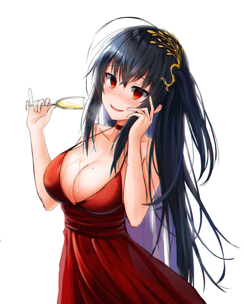 absurdres ahoge alcohol azur_lane black_hair blush breasts champagne champagne_flute choker chromatic_aberration cleavage cup dress drinking_glass eyebrows_visible_through_hair hair_ornament highres large_breasts lkeris long_hair looking_at_viewer mole mole_on_breast open_mouth red_choker red_dress red_eyes simple_background sleeveless sleeveless_dress smile solo taihou_(azur_lane) white_background