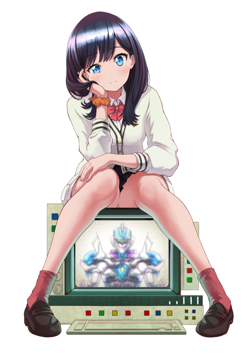 bangs black_hair black_skirt blue_eyes blush bow brown_footwear cardigan closed_mouth collared_shirt commentary_request eyebrows_visible_through_hair gridman_(ssss) head_tilt highres knees_together_feet_apart light_frown loafers long_hair long_sleeves miniskirt pigeon-toed pleated_skirt red_bow red_legwear shirt shoes sitting skirt socks solo ssss.gridman takarada_rikka television white_background white_cardigan white_shirt yoka1chi