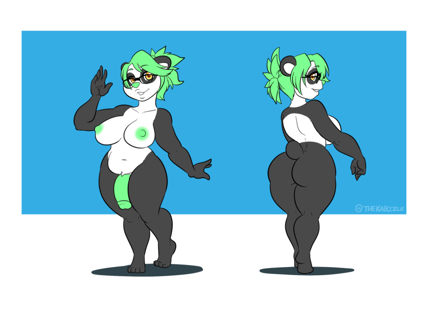 2018 4_toes 5_fingers anthro areola barefoot bear big_breasts big_butt big_penis black_and_white_fur black_fur blue_background border breasts butt dickgirl digital_media_(artwork) eyebrows eyelashes eyewear flaccid fur glans glasses green_areola green_hair green_nipples green_nose green_penis hair happy humanoid_hands humanoid_penis intersex kaboozle looking_at_viewer looking_back lovanatana_solblom mammal model_sheet multicolored_fur naked_glasses navel nipples nude orange_eyes panda paws penis short short_hair side_boob simple_background slightly_chubby smile solo standing teeth thick_thighs toes toony two_tone_fur urethra voluptuous white_border white_fur wide_hips yellow_eyes