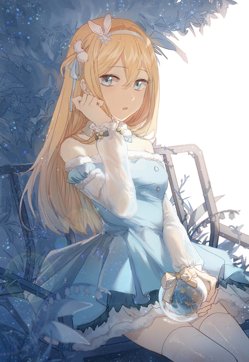 :o absurdres adjusting_hair bangs bench blonde_hair blue_dress blue_eyes breasts candy_(pixiv15231759) commentary_request detached_collar dress eyebrows_visible_through_hair fur-trimmed_dress fur-trimmed_sleeves fur_collar fur_trim girls_frontline hair_between_eyes hair_ornament hairband hand_up highres holding layered_dress lens_flare light_particles long_hair long_sleeves looking_at_viewer off-shoulder_dress off_shoulder one_side_up open_mouth plant ribbon see-through sitting small_breasts snow_globe snowflake_hair_ornament solo star straight_hair suomi_kp31_(girls_frontline) thighhighs very_long_hair white_hair white_hairband yellow_ribbon zettai_ryouiki