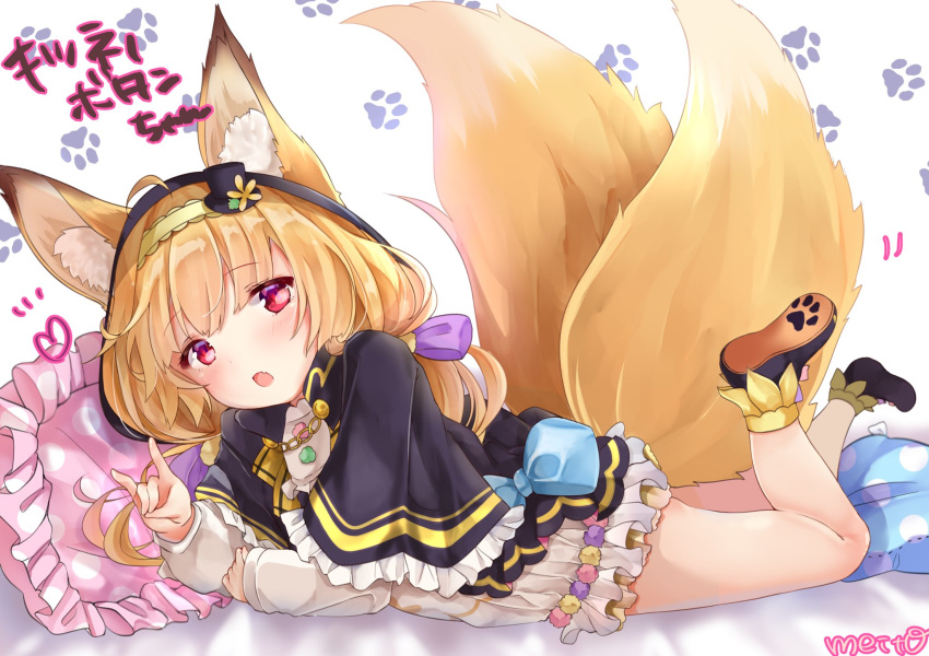 :o animal_ear_fluff animal_ears bare_legs blonde_hair bow capelet commentary_request dress fang flower_knight_girl fox_ears fox_girl fox_shadow_puppet fox_tail frilled_capelet frilled_dress frills full_body hair_ribbon hairband hat highres hood hood_up jacket kitsune_no_botan_(flower_knight_girl) long_hair long_sleeves looking_at_viewer lying meito_harmren mini_hat mini_top_hat multiple_tails on_stomach paw_shoes pillow red_eyes ribbon shoes short_dress tail tied_hair top_hat two_tails