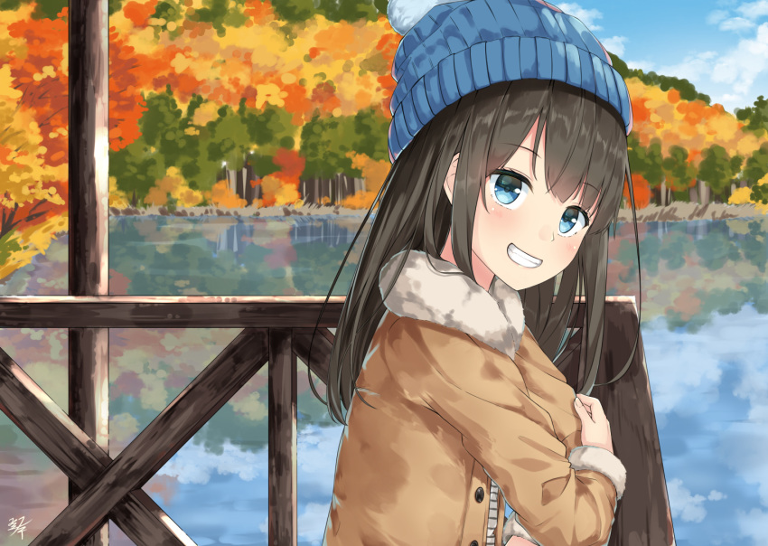 autumn beanie black_hair blue_eyes blue_hat blue_sky blush brown_hair brown_jacket cloud cloudy_sky commentary_request day from_side fur-trimmed_jacket fur-trimmed_sleeves fur_trim grin hat head_tilt jacket lake long_hair long_sleeves looking_at_viewer looking_to_the_side miko_fly original outdoors railing reflection signature sky smile solo tree upper_body water