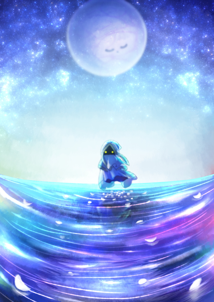 absurdres cloak closed_eyes commentary_request darkkeroro floating gradient gradient_background hidden_face highres hood hyness kirby:_star_allies kirby_(series) long_sleeves no_humans orb petals reflection ripples robe sky space star star_(sky) starry_background starry_sky transparent void_termina yellow_eyes