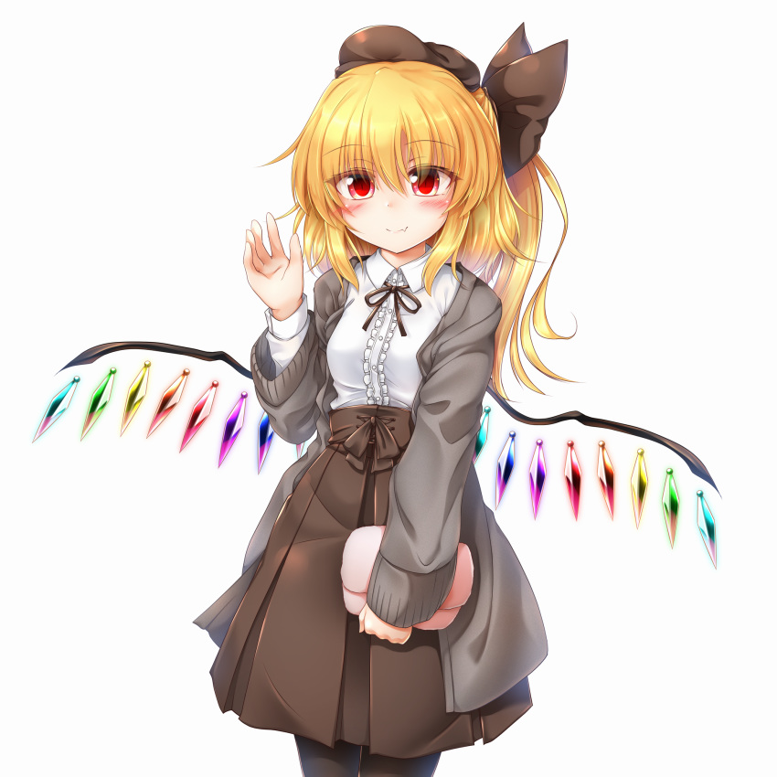 alternate_costume bag bangs beret black_hat black_legwear black_neckwear black_ribbon blonde_hair blush brown_skirt cardigan center_frills closed_mouth collared_shirt commentary_request contemporary cowboy_shot crystal eyebrows_visible_through_hair fang_out flandre_scarlet frilled_shirt frills grey_cardigan hair_between_eyes hair_ribbon hand_up handbag hat high-waist_skirt highres holding holding_bag long_hair long_skirt looking_at_viewer m9kndi mini_hat neck_ribbon one_side_up open_cardigan open_clothes pantyhose red_eyes ribbon shirt simple_background skirt smile solo touhou waving white_background white_shirt wing_collar wings