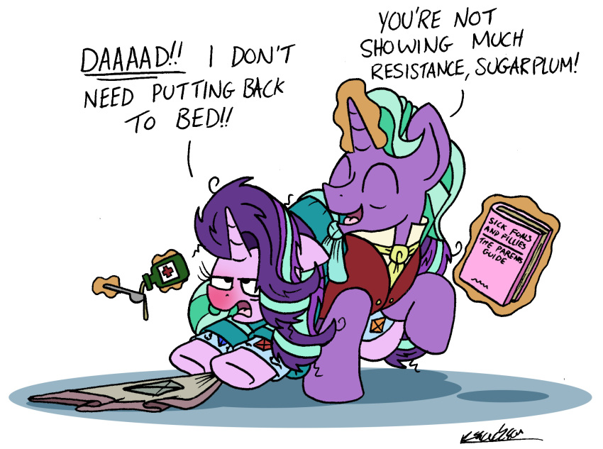 2018 bedding blanket bobthedalek book clothing daughter dialogue equine father father_and_daughter female firelight_(mlp) friendship_is_magic horn male mammal medicine my_little_pony pajamas parent starlight_glimmer_(mlp) unicorn