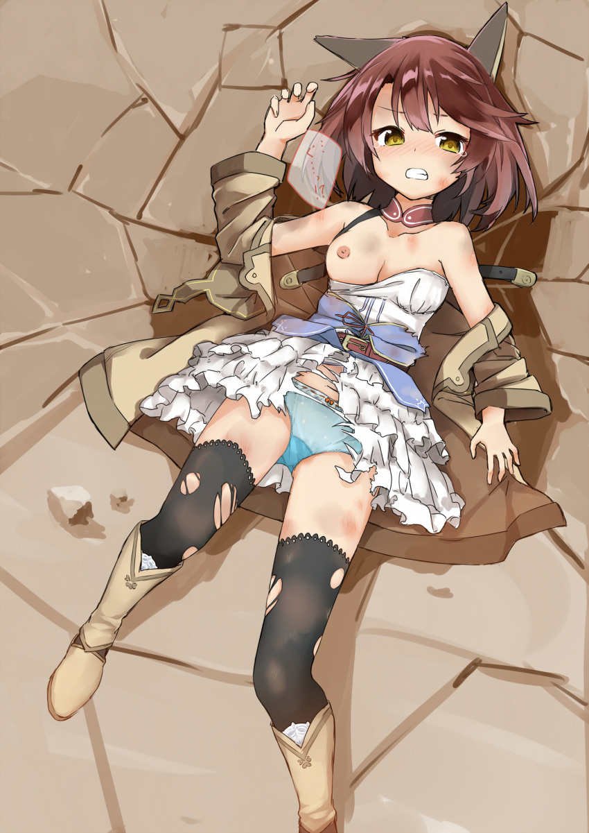 amane_rosylily animal_ears arm_up bangs bare_shoulders black_legwear blue_panties blush boots bow bow_panties breasts brown_coat brown_footwear brown_hair bruise clenched_teeth coat collarbone dress dutch_angle eyebrows_visible_through_hair facing_viewer fingernails fox_ears from_above head_tilt highres injury knee_boots long_sleeves lying nipples nose_blush off_shoulder on_back one_breast_out open_clothes open_coat original panties polka_dot polka_dot_panties sekira_ame small_breasts smoke solo strapless strapless_dress tears teeth thighhighs torn_clothes torn_dress torn_legwear translation_request underwear white_dress wide_sleeves yellow_eyes