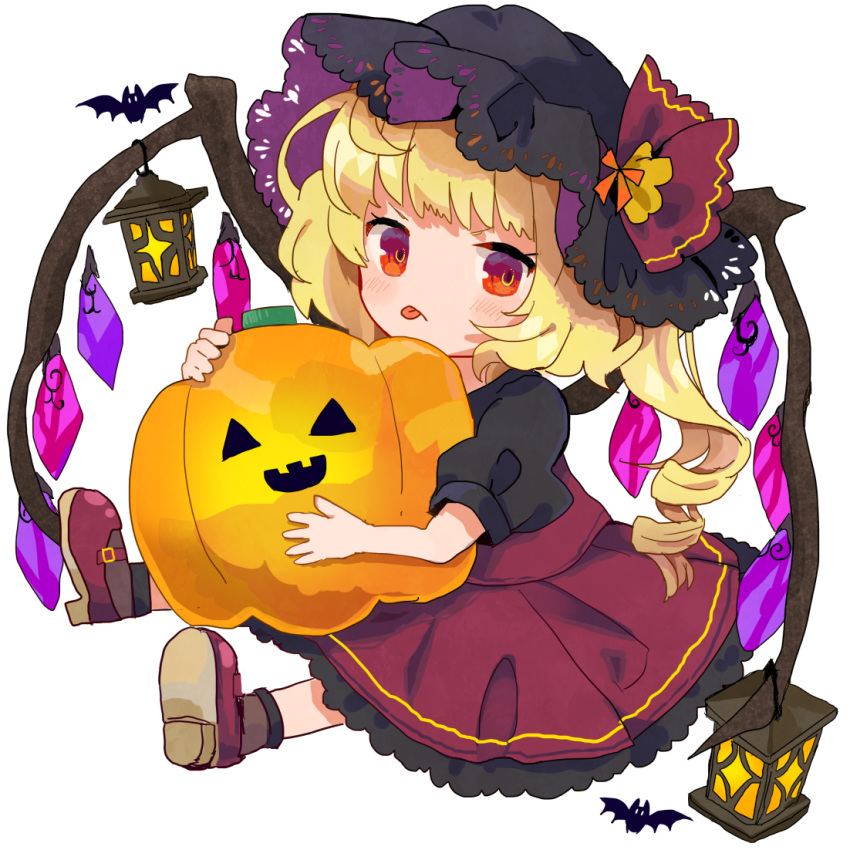 :p alternate_costume bat black_shirt blonde_hair blush chibi commentary_request flandre_scarlet frilled_skirt frills halloween hat hat_ribbon holding_pumpkin jack-o'-lantern lantern looking_at_viewer outstretched_legs puffy_short_sleeves puffy_sleeves red_eyes red_footwear red_skirt ribbon shirt short_hair short_sleeves side_ponytail simple_background sitting sketch skirt solo tamagogayu1998 tongue tongue_out touhou white_background wings
