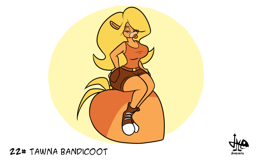 2017 anthro bandicoot bare_shoulders big_breasts black_nose blonde_hair breasts clothed clothing crash_bandicoot_(series) denim_shorts digital_drawing_(artwork) digital_media_(artwork) english_text eyebrows eyelashes female footwear fur hair half-closed_eyes hand_on_butt hand_on_hip hi_res inktober jamearts lipstick long_hair looking_at_viewer makeup mammal marsupial orange_fur red_lipstick seductive shirt shoes shorts signature simple_background sitting sneakers solo tank_top tawna_bandicoot text thick_thighs video_games wavy_hair wide_hips wumpa_fruit