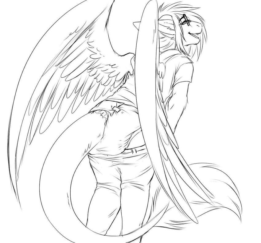 angel_dragon anthro belt biped clothed clothing diaper dragon eyewear feathers fully_clothed fur glasses hair male monochrome pants pants_down partially_clothed shirt simple_background sketch source_request standing traditional_media_(artwork) twixxel_minty unknown_artist white_background wings