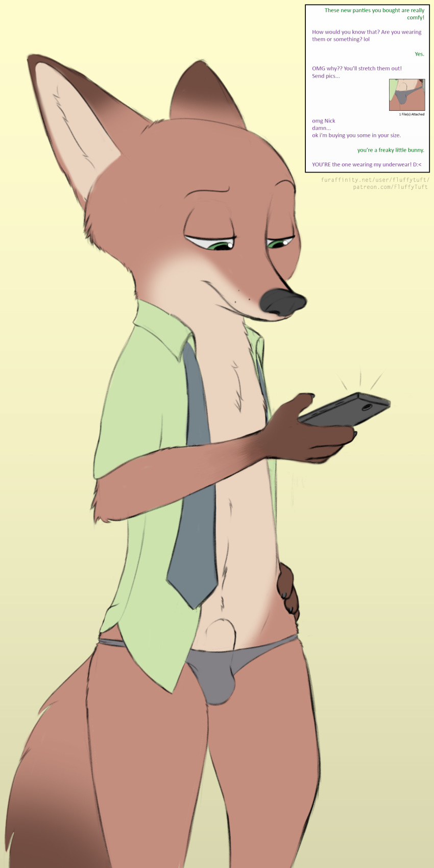 canine clothed clothing crossdressing dialogue disney fluffytuft fox male mammal nick_wilde panties phone sexting solo texting underwear zootopia