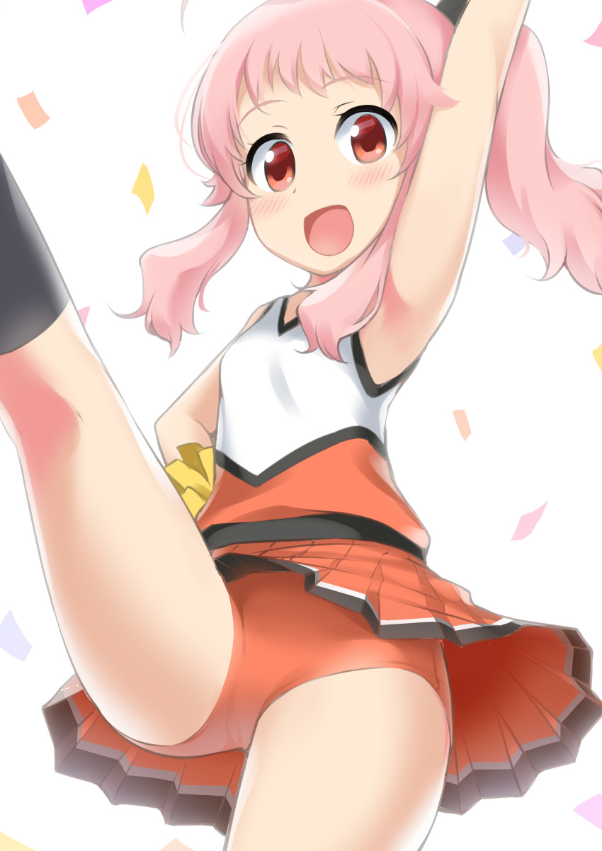 :d absurdres anima_yell! armpits bangs blush cheerleader confetti hand_on_hip hatoya_kohane high_kick highres kicking looking_at_viewer miniskirt mocchi open_mouth orange_skirt pink_hair pleated_skirt pom_poms ponytail red_eyes red_shorts short_shorts shorts shorts_under_skirt skirt smile solo